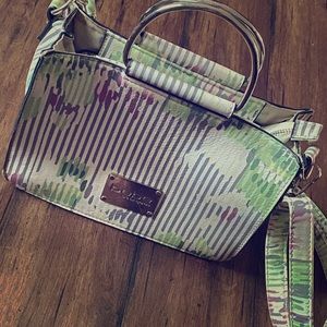 Bebe handbag. Creamy-white w/ gray pinstripe.